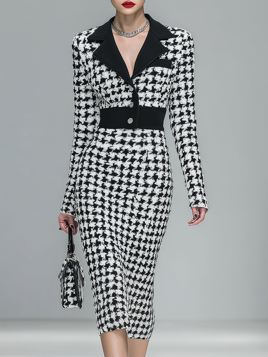 Classic Retro Houndstooth Lapel Long Sleeve Knitted Midi Dress