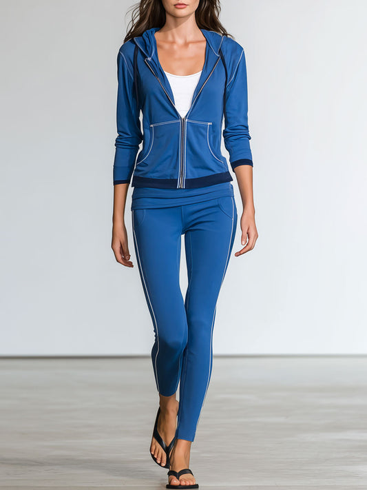 Casual Stretch Lycra Royal Blue Hooded Culottes Sports Yoga Set