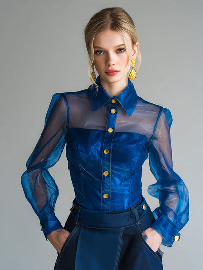 Elegant Royal Blue Organza Lapel Button-Down Long Sleeve Shirt