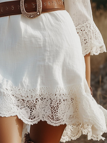 Vestido de lino blanco para mujer con escote en V, dobladillo de encaje y costuras, manga larga y encaje 