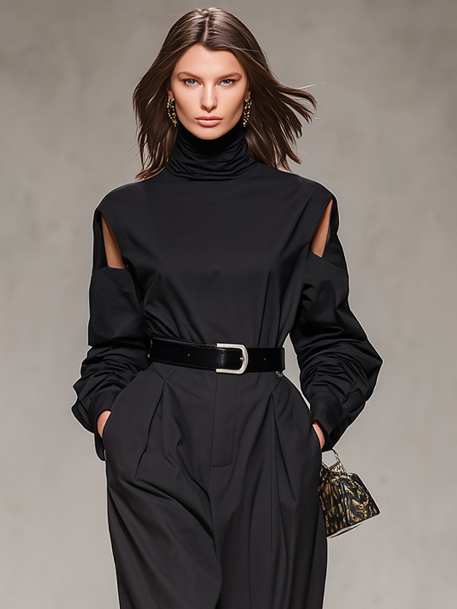 Black Turtleneck Cold Shoulder Long-sleeved T-shirt And Wide-leg Pants Set
