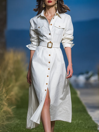 Fashion Casual Button Decoration White Long Sleeve Shirt Midi Dress
