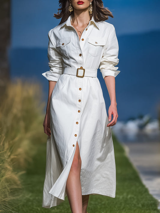Fashion Casual Button Decoration White Long Sleeve Shirt Midi Dress