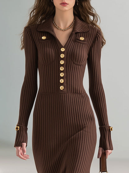 Fashion Retro Cocoa Brown Knitted Fishtail Ruffle Midi Dress