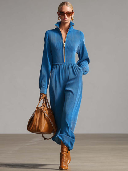 Exquisite Casual Lapel Front Zipper Long Sleeve Blue Waffle Maxi Dress