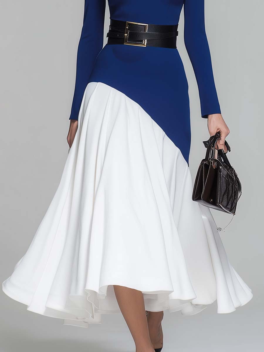 Elegant And Flowing V-neck Long-sleeved Dark Blue And White Contrasting Pleated Hem Midi Dress