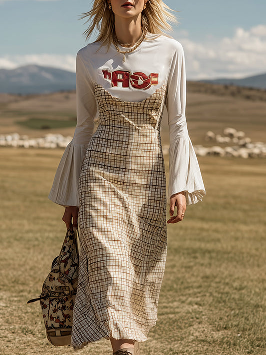 Casual Design Printed White Plaid Long Sleeve Maxi Dress