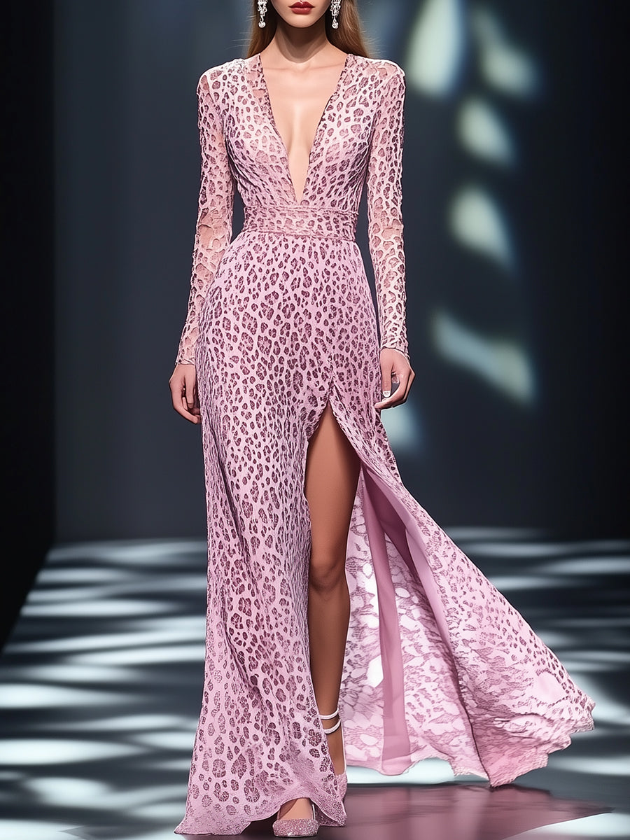 Designer Pink Leopard Print V-neck Slit Maxi Dress