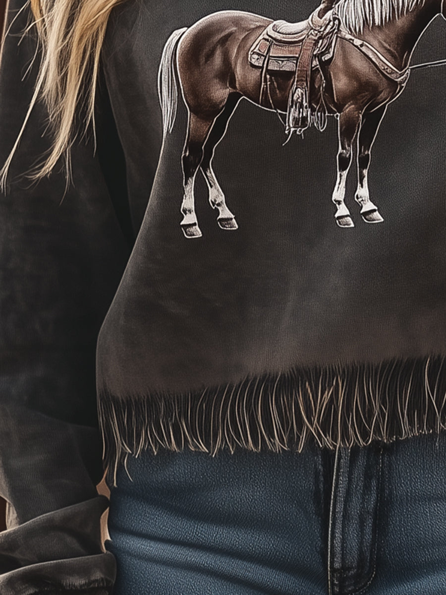 Casual Loose Grey Round Neck Horse Pattern Sweatshirt