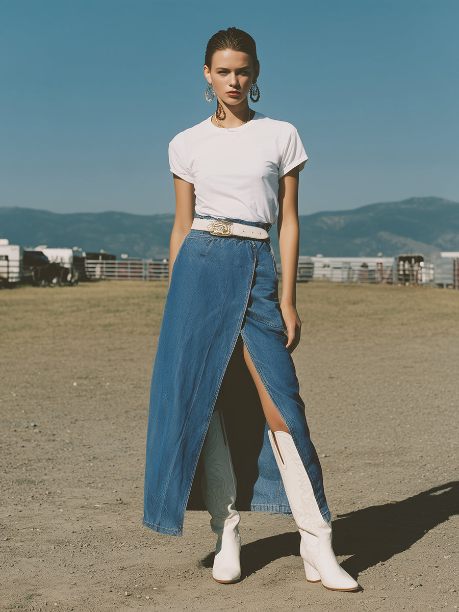 Designer Blue Denim Slit Skirt