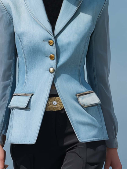 Blazer corto de mezclilla azul claro en forma de X, elegante y exquisito, con solapa de muesca, transparente, de manga larga