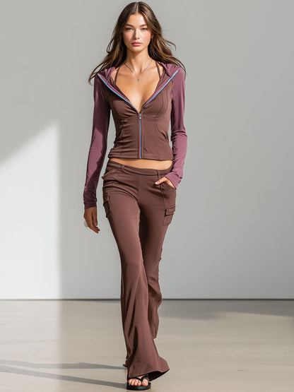 Casual Stretch Lycra Color Block Hoodie Flared Pants Sports Yoga Set