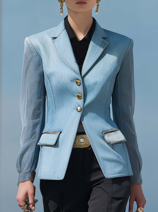 Exquisite And Elegant Notch Lapel Transparent Long Sleeve Light Blue Denim Short X-shaped Blazer