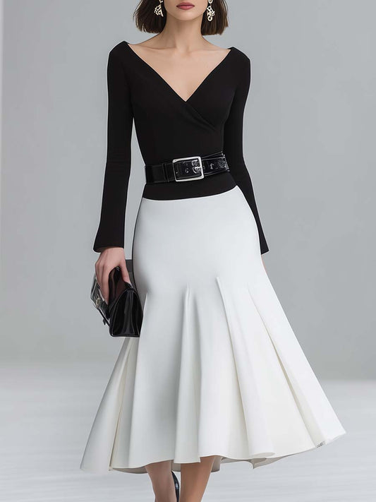 Elegant Classic Retro V-neck Long-sleeved Pleated Skirt Black And White Contrast Midi Dress