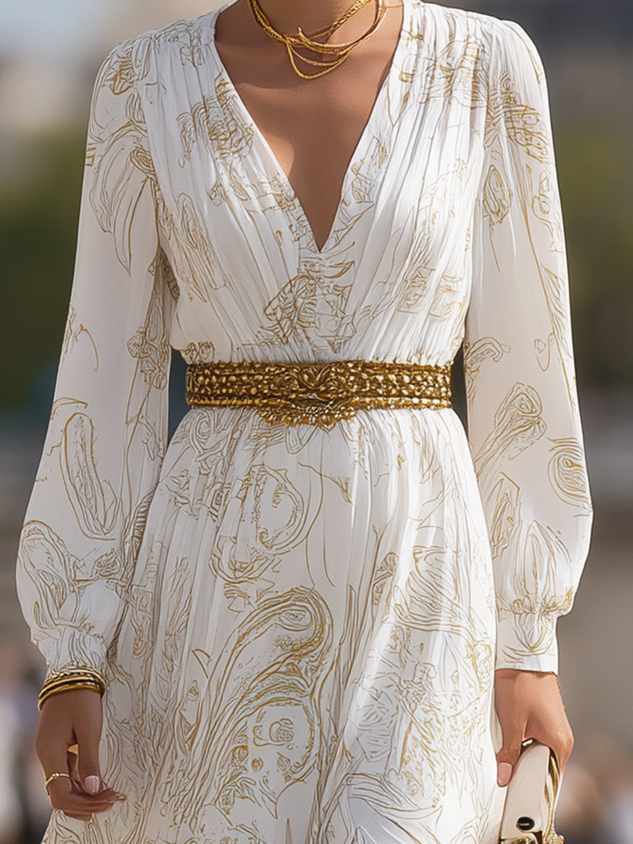 Elegant White Paisley Pattern V-neck Slit Maxi Dress