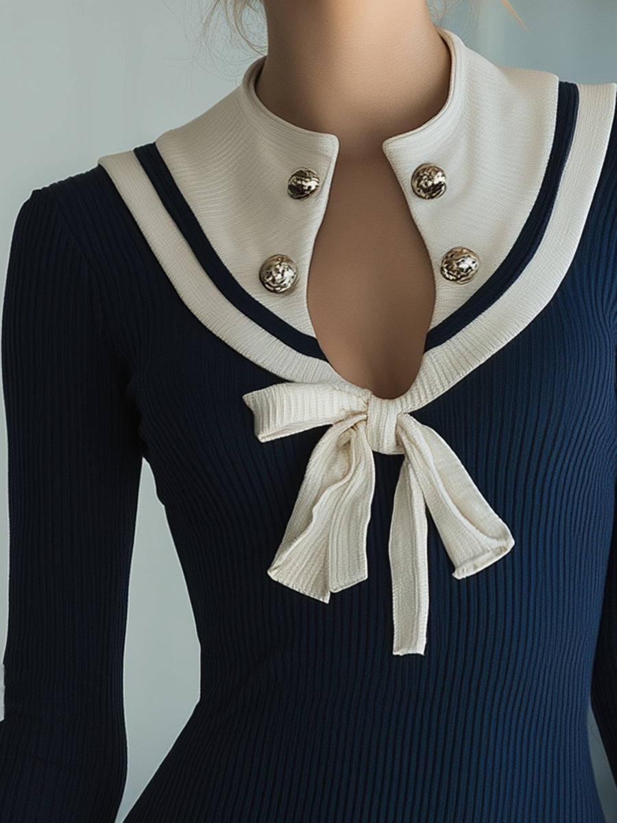 Elegant Navy Style Blue And White Contrast Long Sleeve Knit Mini Dress