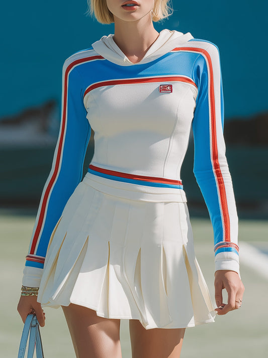 Fashion Sports Contrast Striped Hoodie Pleated Skirt Set