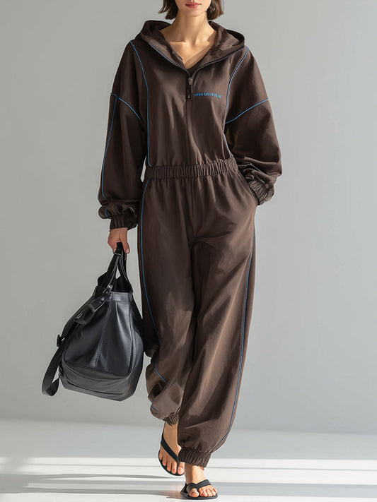 Casual Retro Long Sleeve Hooded Embroidered Blue Trim Cocoa Brown Sports Jumpsuit
