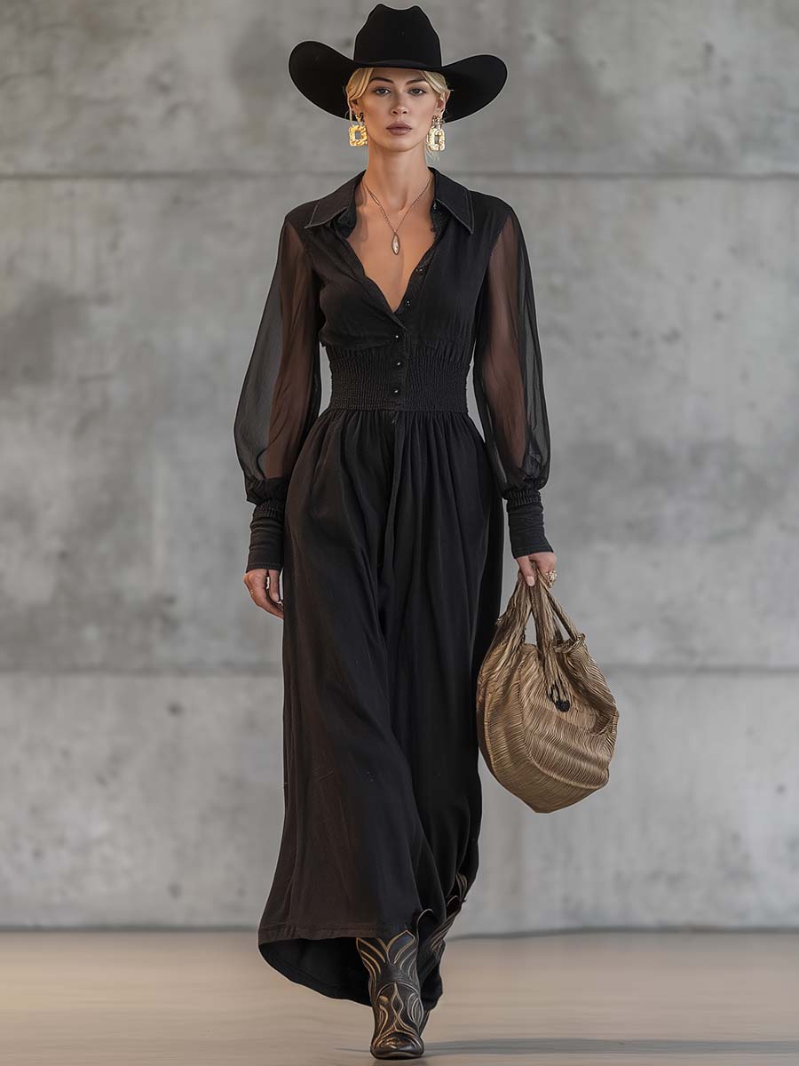 Exquisite Casual Retro Front Button Transparent Long Sleeve Waist Black Cotton Maxi dress