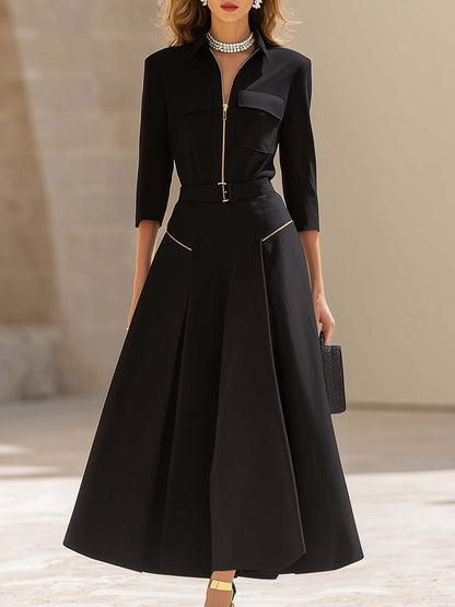 Fashion Classic V-neck Front Zipper Long Sleeve A-line Black Maxi Dress