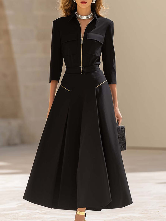 Fashion Classic V-neck Front Zipper Long Sleeve A-line Black Maxi Dress