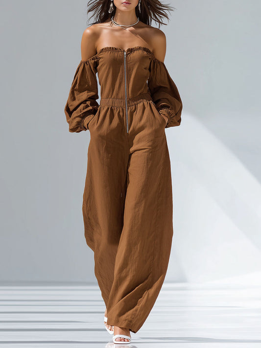 Cotton Off-the-shoulder Long-sleeved Wide-leg Jumpsuit