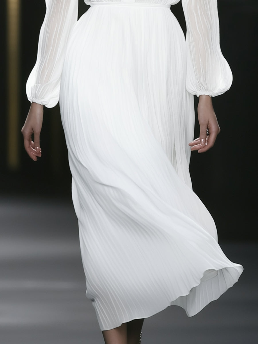 Elegant And Romantic Long-sleeved Textured Chiffon White Midi Dress