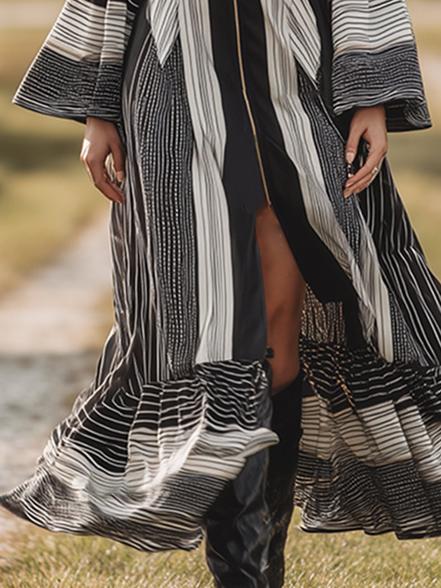 Fashion Retro Nomadic Style Striped Print Front Zipper Long Sleeve Maxi Dress