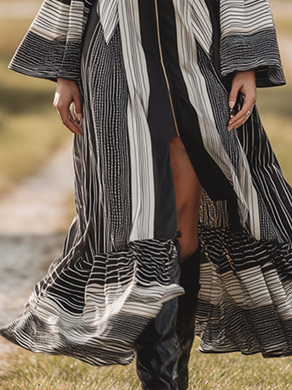 Fashion Retro Nomadic Style Striped Print Front Zipper Long Sleeve Maxi Dress