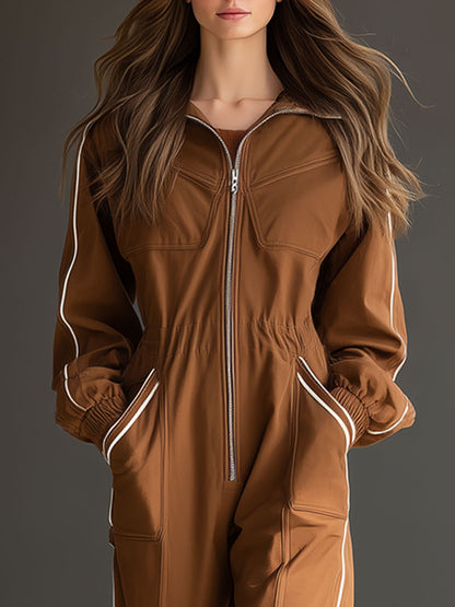 Casual Retro White Trim Caramel Cotton Long-Sleeved Wide-Leg Work Jumpsuit