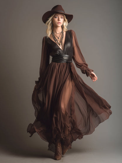 Elegant Retro V-neck Brown Chiffon Long Sleeve Maxi Dress