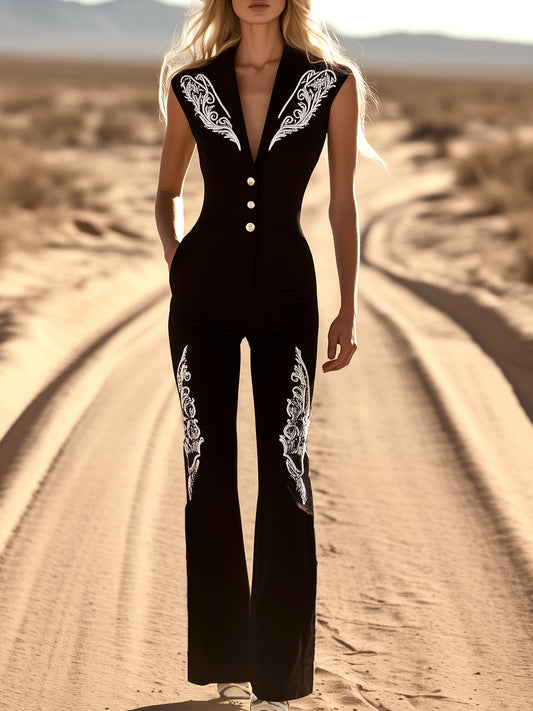 【24-hour shipping out】Vintage Western Embroidered Sleeveless Wide Leg Jumpsuit