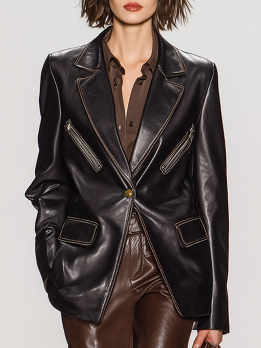 Casual Vintage Black Faux Leather Blazer