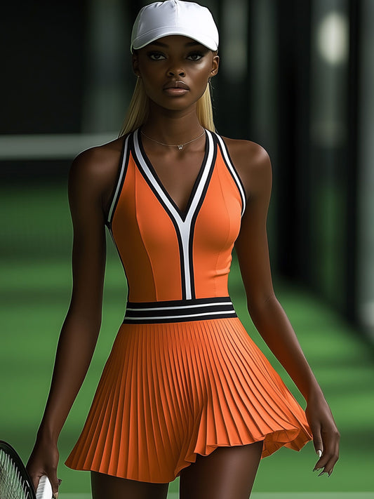 【Envío en 24 horas】Vestido mini plisado sin mangas naranja con ribete blanco y negro deportivo de moda