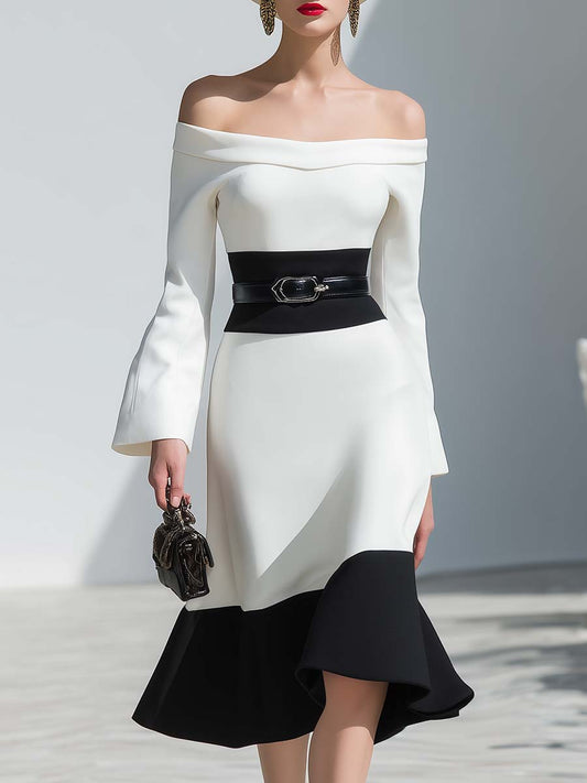 Elegant Off-the-shoulder Long-sleeved Puff Hem Black And White Contrast Midi Dress