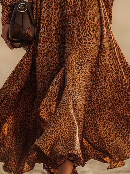 Brown Leopard Print V-neck Flared Maxi Dress