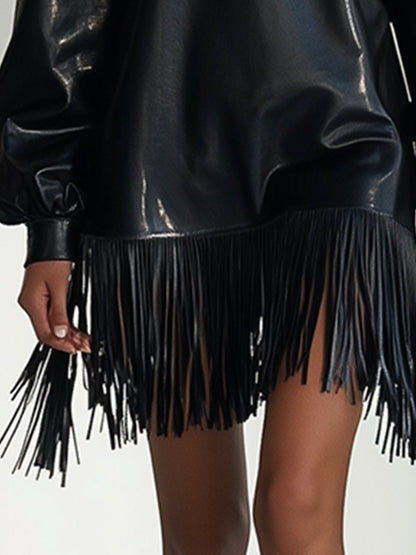 Fashion Loose Black Shiny PU Long Sleeve Tassel Mini Dress