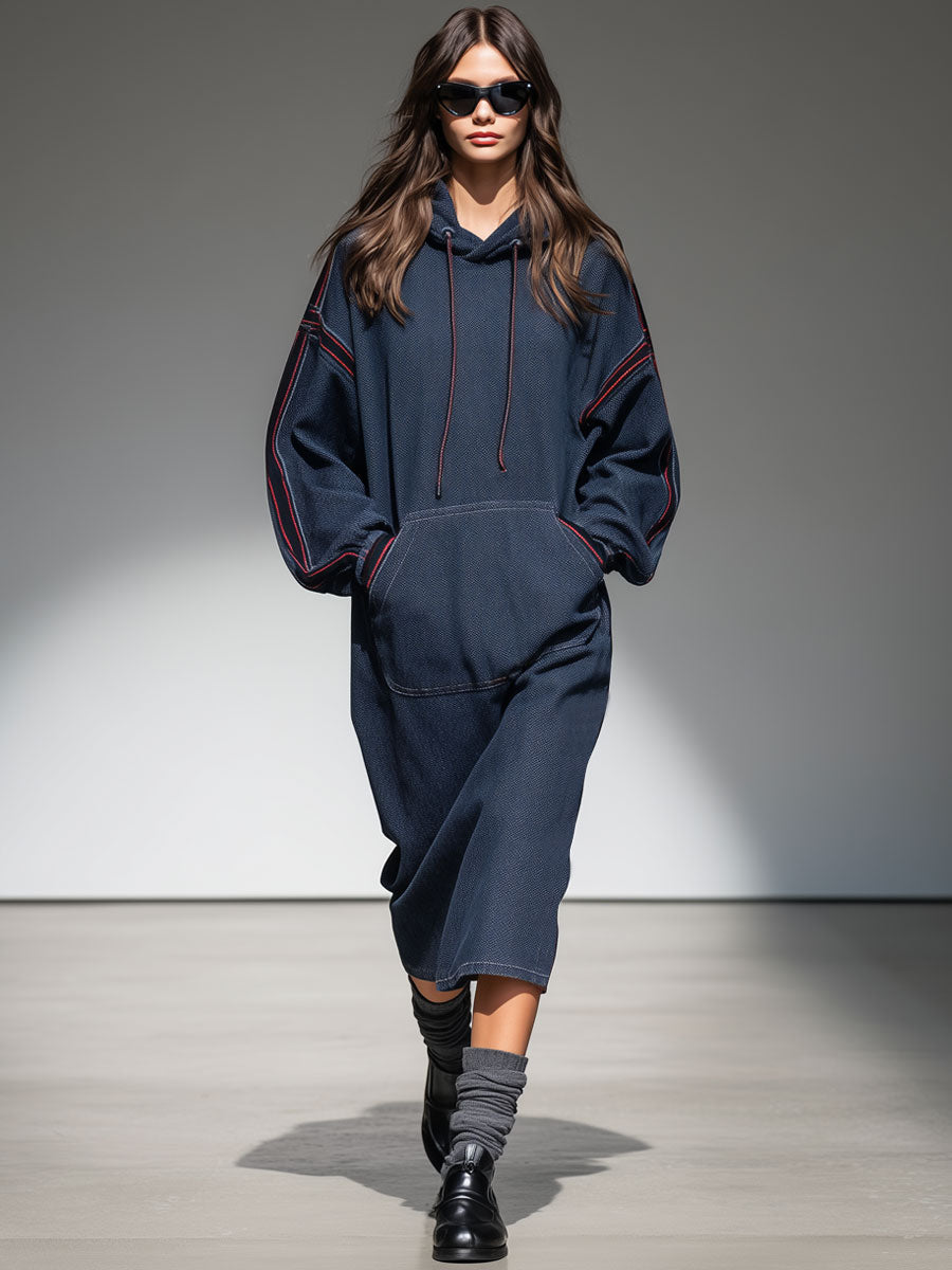 Casual Retro Web-edge Dark Blue Denim Hooded Sweatshirt Sports Midi Dress
