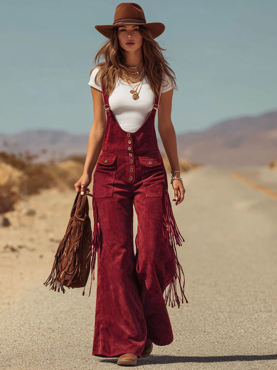 Brown Micro-suede Pocket Tassel Wide-leg Overalls