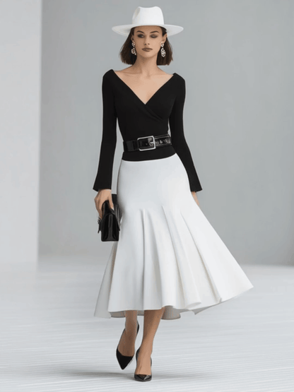 Elegant Classic Retro V-neck Long-sleeved Pleated Skirt Black And White Contrast Midi Dress