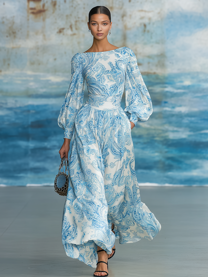 Elegant Retro Paisley Print Balloon Sleeve Maxi Dress