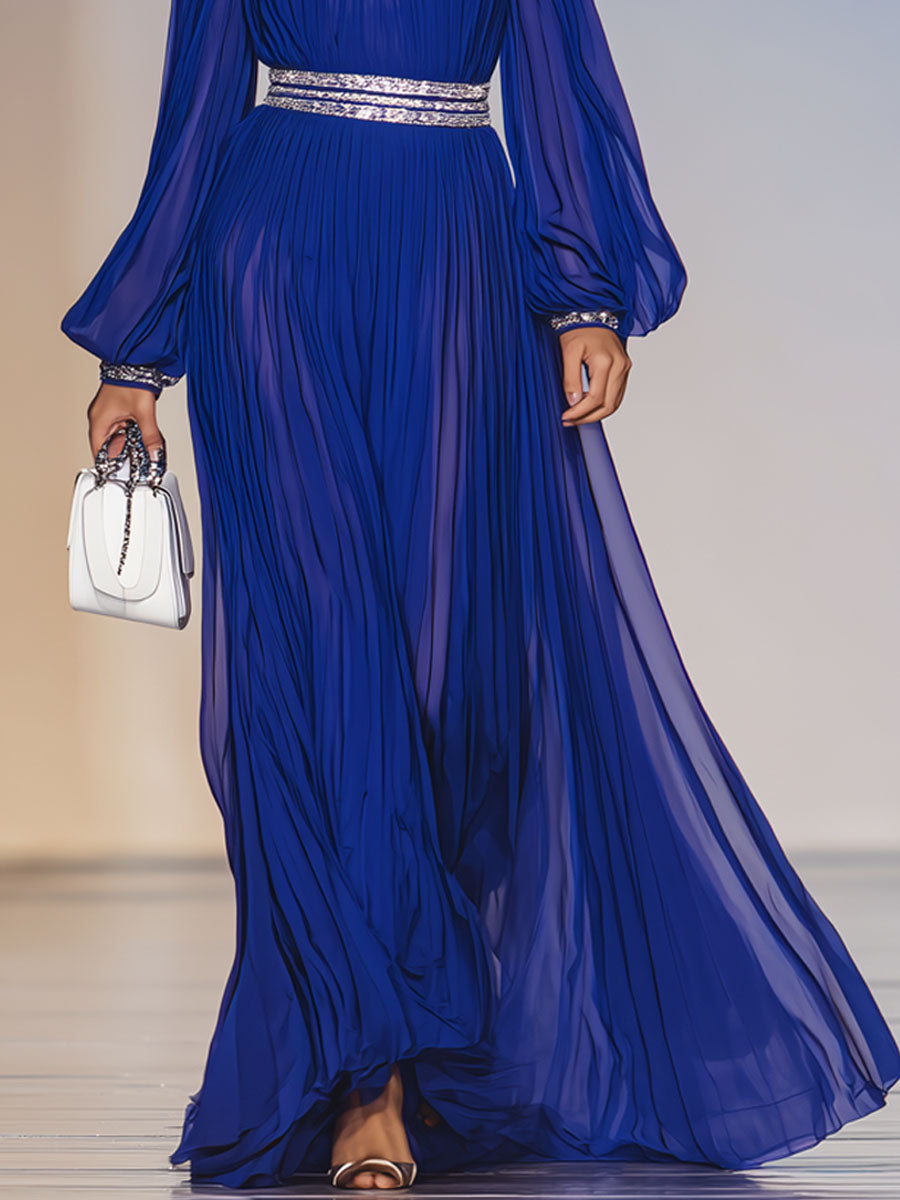 Elegant Off-the-shoulder, Boat-neck Pleated Chiffon Maxi Dress