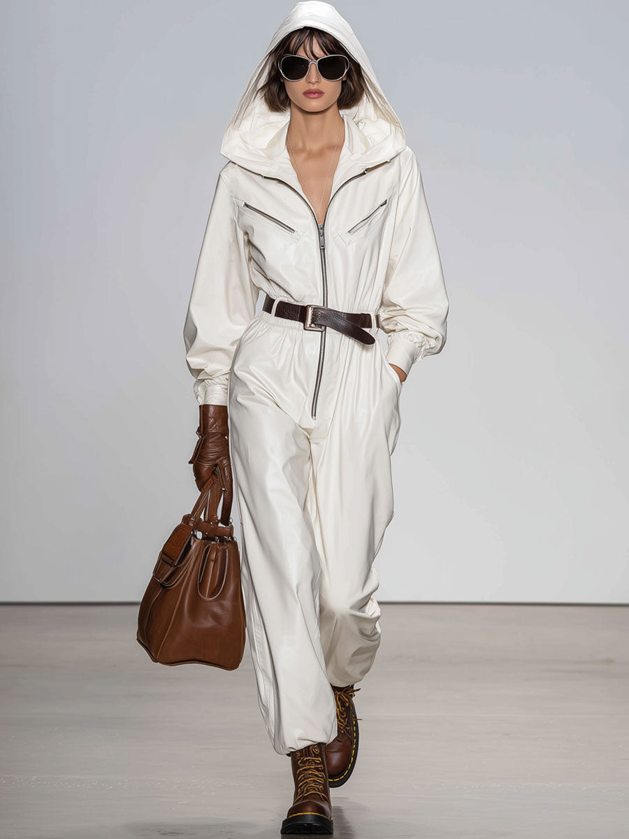 Casual Retro White Faux Leather Hooded Zip-Up Long-Sleeved Jumpsuit