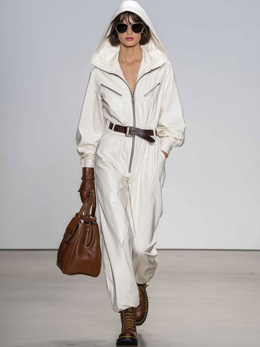 Casual Retro White Faux Leather Hooded Zip-Up Long-Sleeved Jumpsuit