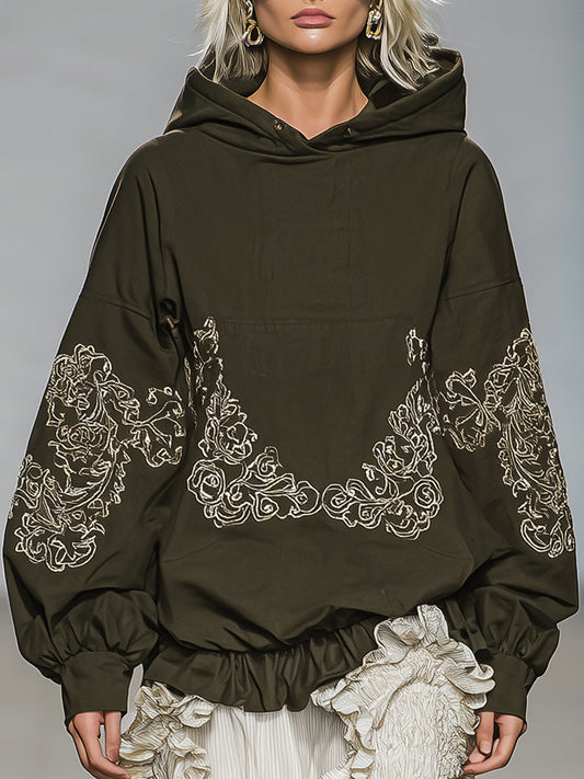 Casual And Fashionable Olive Green Embroidered Pattern Ruffled Hem Hooded Sweatshirt