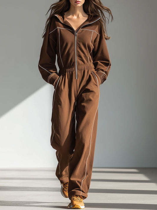 Casual Retro White Trim Cocoa Brown Zipper Long-Sleeved Sports Jumpsuit