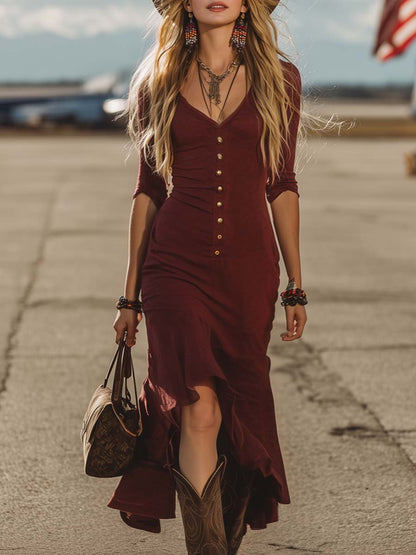 Exquisite Retro Western Front Metal Buckle Maroon Cotton Short Front And Long Back Midi Dress