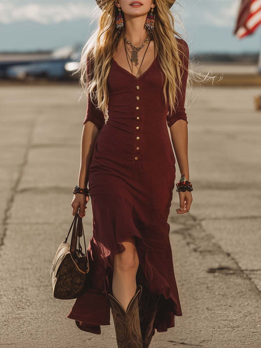 Exquisite Retro Western Front Metal Buckle Maroon Cotton Short Front And Long Back Midi Dress