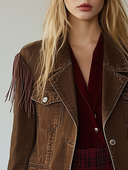 Chaqueta vaquera con borlas y múltiples bolsillos de color marrón cacao de estilo vintage occidental 