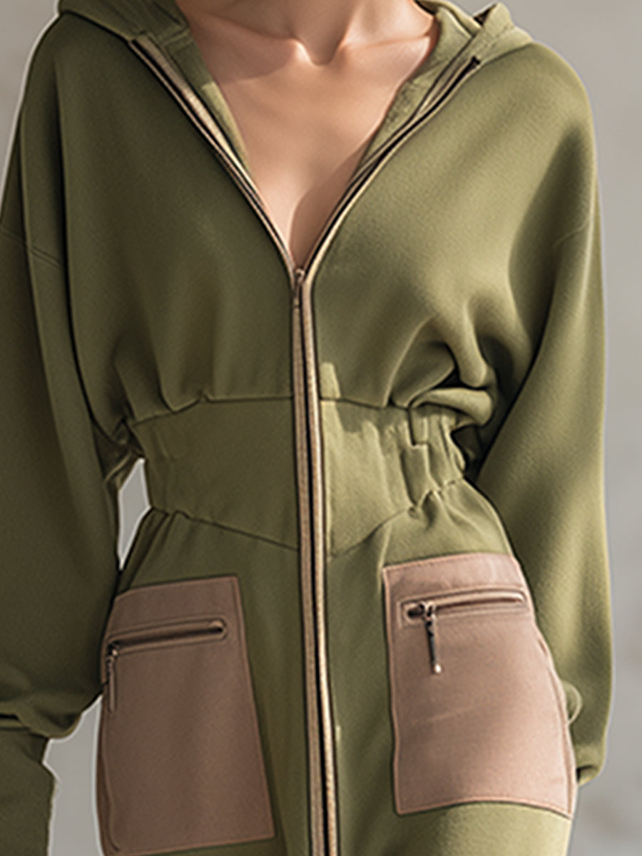 Elegant Olive Green Hooded Narrow Waist Zip-up Sweatshirt Long Sleeve Maxi Dress